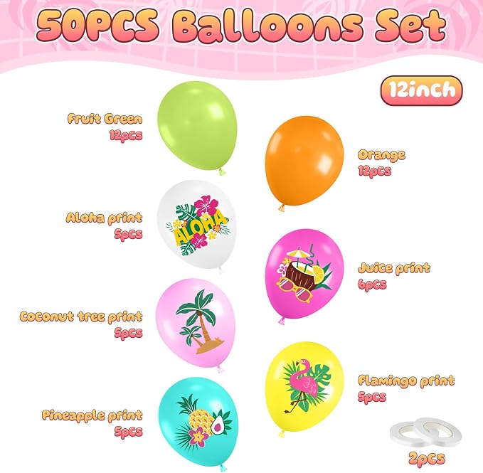 FunHot Tropical Balloons, 12 Inch Colorful Aloha Hawaiian Helium Latex Balloons - Image 2