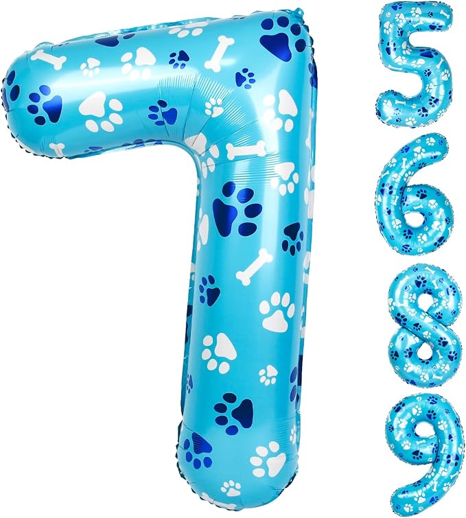 40 Inch Blue Dog Paw Birthday Balloons, Number 7 Balloons by AXBMM