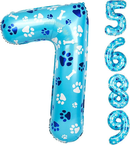 40 Inch Blue Dog Paw Birthday Balloons, Number 7 Balloons by AXBMM