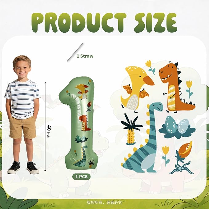 40 Inch Dinosaur Number 1 Balloon | Olive Green Number - Image 2