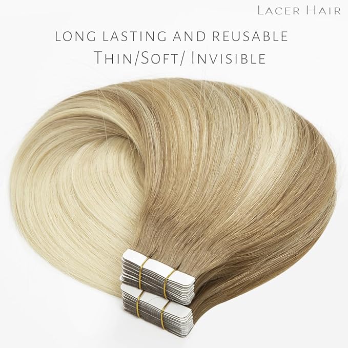 Lacer Hair Extensions Real Human Hair Tape in Balayage Light Brown to Platinum blonde Real Virgin Tape in Hair Extensions Human Hair PU Skin Weft Double Side 50g 20pcs/set 16 Inches