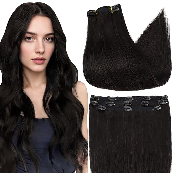Full Shine 20 Inch Off Black Hair Clip in Extensions Black Hair Extensions Clip in Invisible Hair Extension Human Hair Straight for Long Hair 3 Pieces 60 Grams