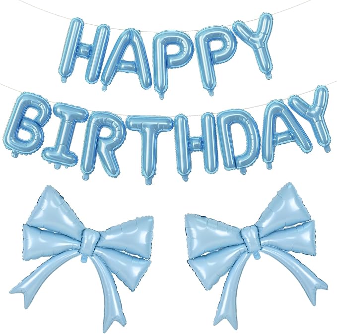 Blue Bow Happy Birthday Balloons Banner, 22 Inch Baby Blue Bow Foil Balloons by Togvu