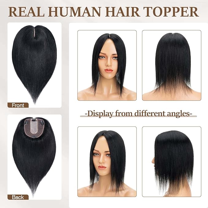 Rich Choices Hair Toppers for Women Real Human Hair 100% Human Remy Toppers NO Bangs for Women with Thinning on Top Clip in Hairpiece 4"x4.7"Lace Base 10 Inch #1 Jet Black