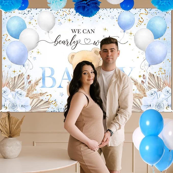 Blue Bear Baby Shower Backdrop 7x5 ft We Can Bearly Wait Banner - Image 7