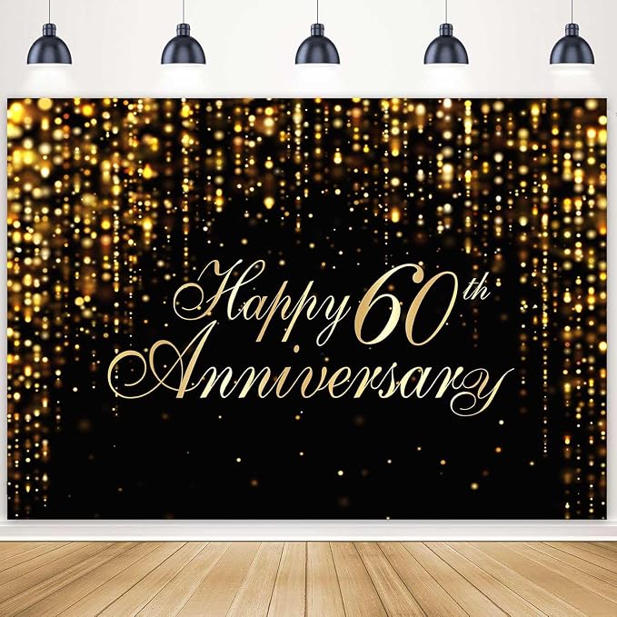 Happy 60th Anniversary Backdrop, 60th Wedding Anniversary Party Banner Black by Ayayiya