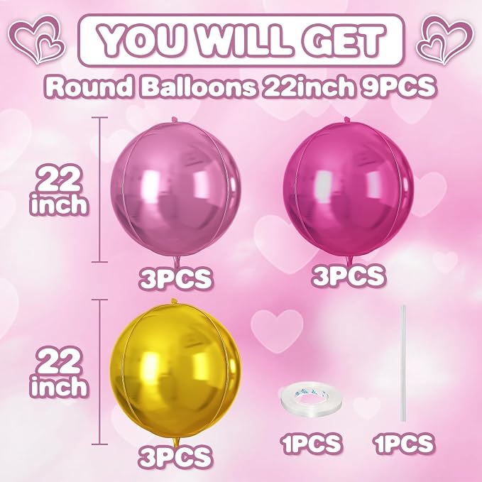 Pink Gold Round Foil Balloons 9 pcs, Metallic Giant 4D Round Balloons 22 Inch - Image 2