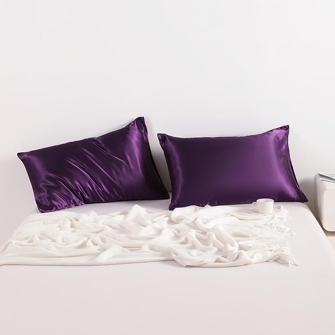 NTBAY 2 Pack Satin Standard Pillowcases for Hair and Skin, Luxurious and Silky Pillow Cases with Envelope Closure, 20x26 Inches, Eggplant Purple