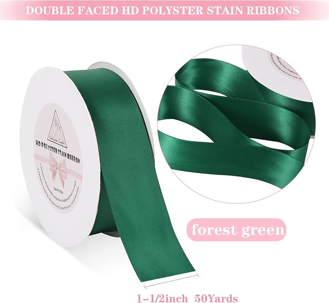 Forest Green Stain Ribbon for Gift Warping, 1.5inch 50 Yards Solid Polyester - Image 2