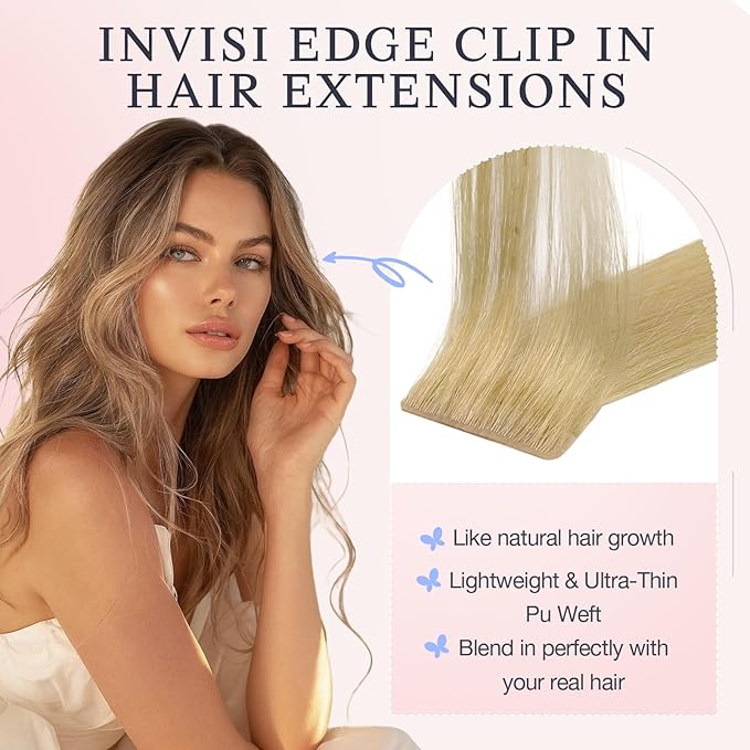 DOORES Clip in Hair Extensions Real Human Hair 16 inch 110g 7pcs Invisible Human Hair Extensions Clip ins, Injected Seamless PU Clipins Invisi Edge, 18A/60 Drity Blonde Mixed Platinum Blonde