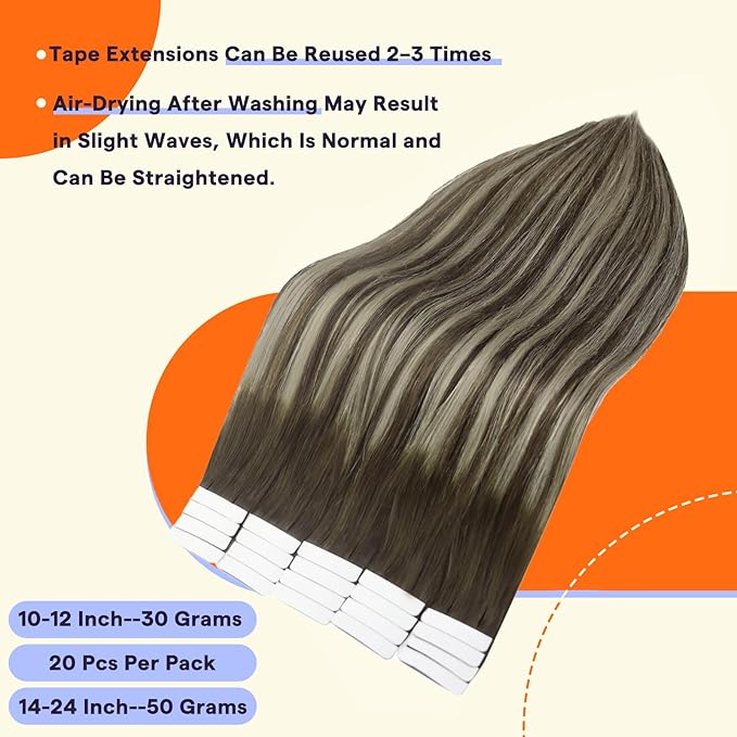 Full Shine Human Hair Extensions Tape In Color 2 Fading to 60 Blonde Highlight 2 Darkest Brown Balayage Soft Invisible Tape in Hair Extensions 20 Inch Seamless Straight Remy Extensions 50g 20PCS