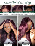 KLAIYI Black Cherry Loose Body Wave Bye Bye Knots Glueless Wig 7x5Precut Lace Front Wigs Human Hair Drawstring Pre Plucked Bleached 30S Ready to Wear and Go Wig with Face Framing Bangs Burgundy 14Inch