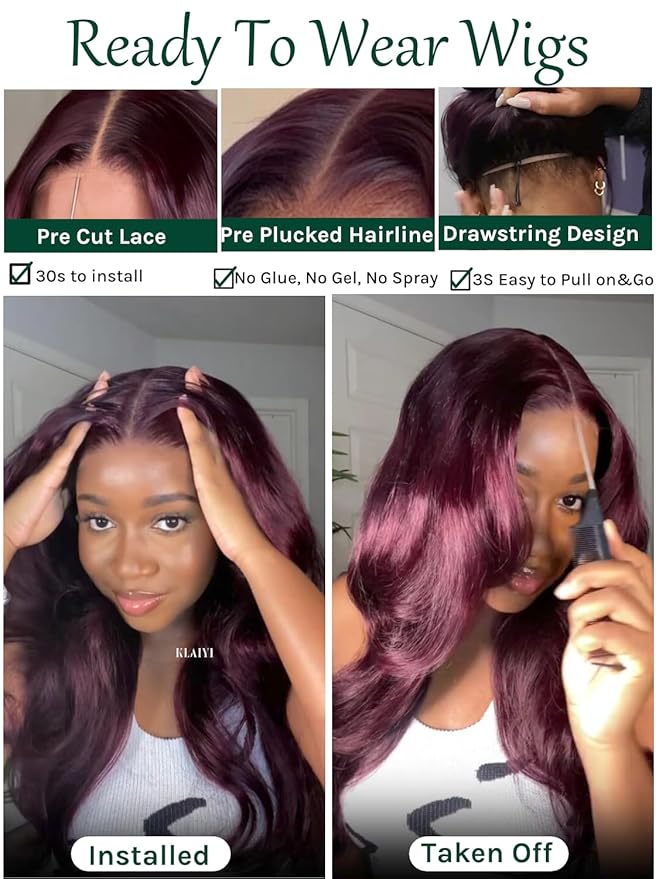 KLAIYI Black Cherry Loose Body Wave Bye Bye Knots Glueless Wig 7x5Precut Lace Front Wigs Human Hair Drawstring Pre Plucked Bleached 30S Ready to Wear and Go Wig with Face Framing Bangs Burgundy 24Inch