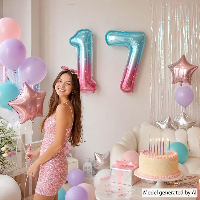 40 Inch Blue Pink Number 17 Balloon, Giant Ombre Foil 17th Birthday Decor | - Image 5