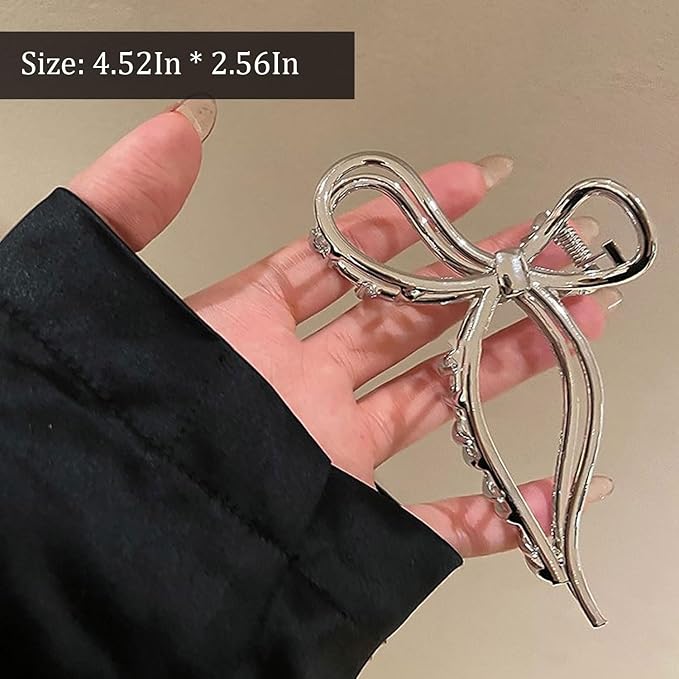 Silvery Bowknot Metal Hair Clips - Elegant Non-Slip Strong Hold Grip Jaw Clips for Thick Hair Accessories