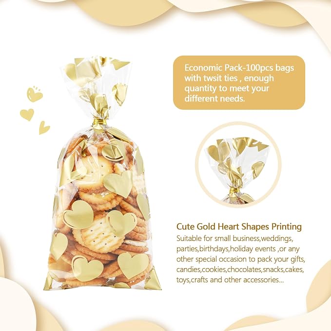 COQOFA 100 Pcs 6X10 IN Gold Heart Cello Cellophane Treat Bags Gift Party Favor - Image 3
