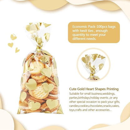 COQOFA 100 Pcs 6X10 IN Gold Heart Cello Cellophane Treat Bags Gift Party Favor - Image 3