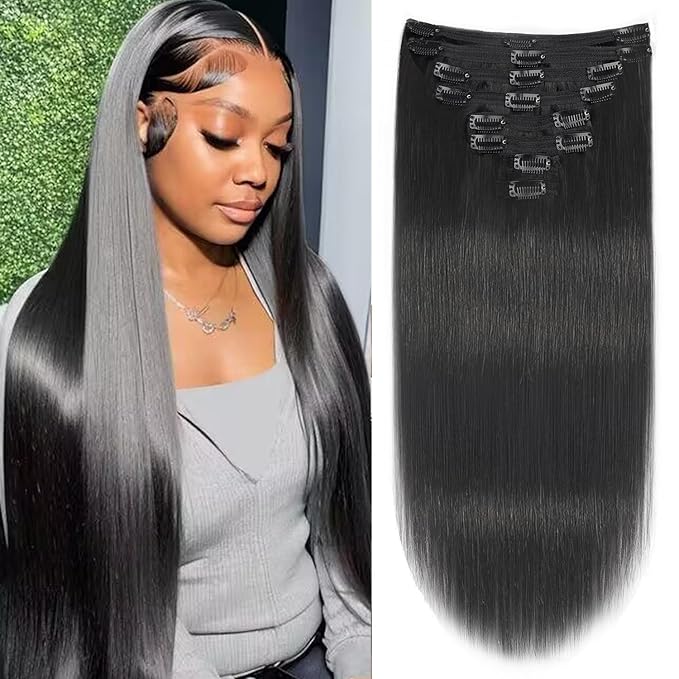 Clip in Hair Extensions Real Human Hair For Women Double Weft Brazilian Virgin Hair Extensions Wear and Go Straight Clip on Hair 8pcs With 18 Clips 120g(20inch,#1B)