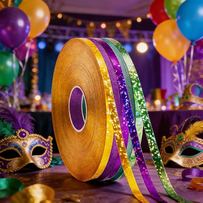3 Rolls Sparkling Curling Ribbon, Mardi Gras Curling Ribbon - Image 2