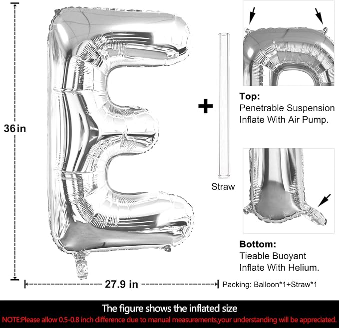 Lovoir 40 Inch Large Silver Letter E Balloons Big Size Jumbo Mylar Foil Helium - Image 2