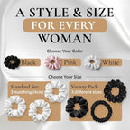 100% Pure 22 Momme Mulberry Silk Scrunchies (Set of 3) | Highest grade (6A) Luxury Hair Ties| (Black,White,Pink) | (Pink, Standard/Small/Skinny)