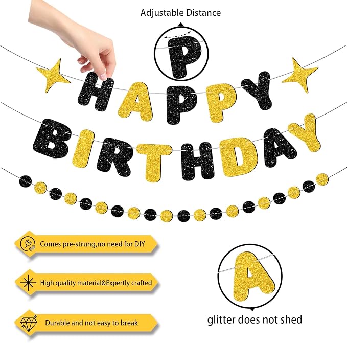 Black and Gold Happy Birthday Banner-Happy Birthday Decorations - Image 2