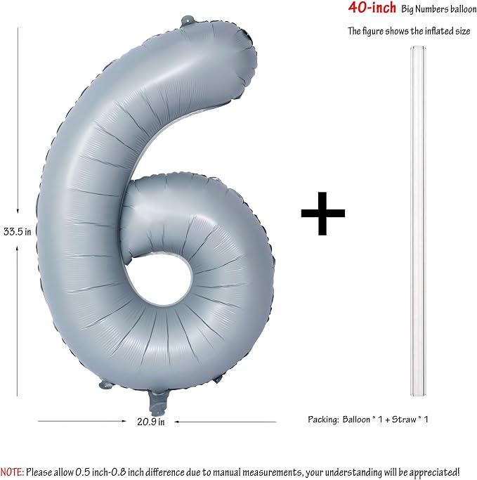 40 In Matte Gray Number 6 Balloons Helium Foil Mylar Balloon Digit 6 | - Image 2