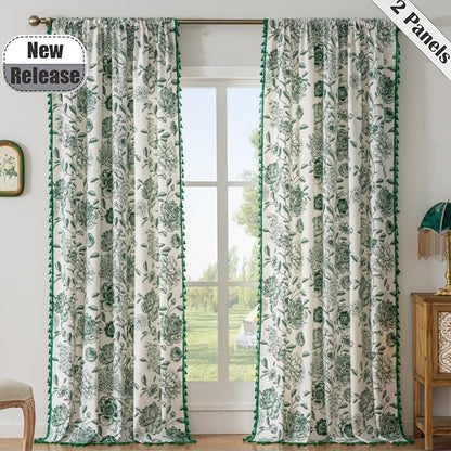 F-CHU Green Floral Farmhouse Curtains Living Room Drapes 84 Inch Length Cotton - Image 2