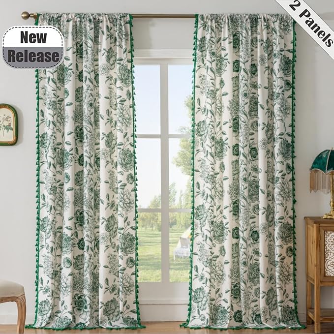 F-CHU Boho Curtains for Living Room 96 Inch Length French Country Floral Drapes - Image 2