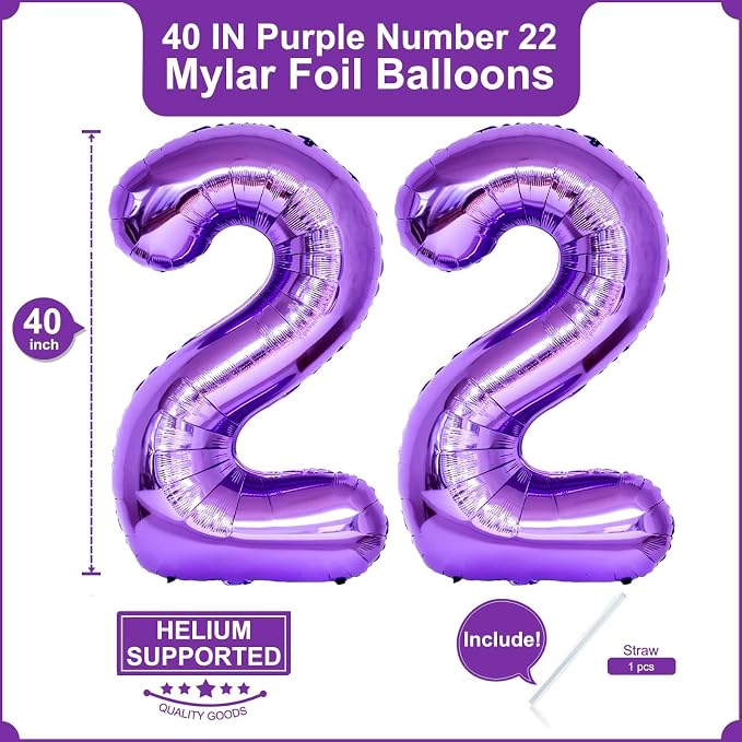 Number 22 Purple Balloons 40 Inch Giant Purple Foil 22 Helium Balloons - Image 2
