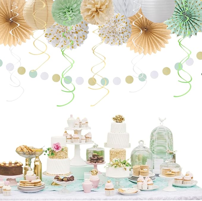 Champagne-Gold White Sage-Green Women Birthday Decorations Huglony | 21pcs Boho - Image 6