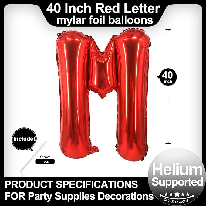 40 Inch Red Letter M Balloons, DIY Phrase Foil Alphabet Letter M Balloons DIY - Image 2