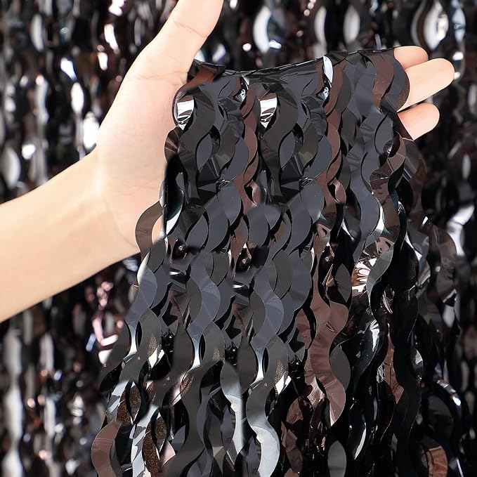 3 Pack New Years Decorations Wavy Black Tinsel Foil Fringe Curtains Party by CYLMFC