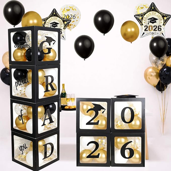 Grad Balloon Boxes for Balloon Arch Kit Black Gold Graduation Decorations 2026 by Kiwayo