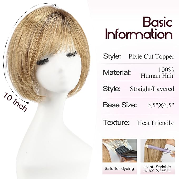 EMMOR Human Hair Toppers for Women Short Bob Real Hair with Bangs 10" Side Part Hairpieces for Women with Thin Hair 6.5" × 6.5" Larger Base Human Wig Toppers(Ombre Light Brown)