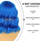 Short Bob Wavy Wig with Bangs for Women Loose Curly Shoulder Length Synthetic Cosplay Wig Bob for Girl Colorful Costume Wigs (Blue)