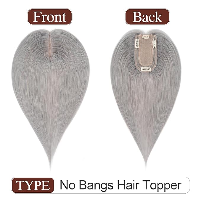 SEGO Hair Topper for Women, No Bangs Real Human Hair Topper with Anti-Slip Clips (16 Inches #Grey)