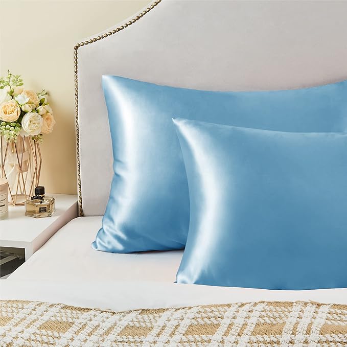 BEDELITE Satin Pillowcase with Zipper, Blue Pillow Cases Queen Size Set of 2, Super Soft and Cooling Similar to Silk Pillow Cases, Gift for Women Men(20x30 Inches)