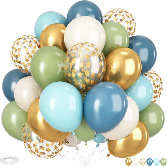 Green Blue Gold Balloons, 12 Inch Dusty Blue and Sage Green Balloons Set by Adorely