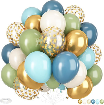 Green Blue Gold Balloons, 12 Inch Dusty Blue and Sage Green Balloons Set by Adorely