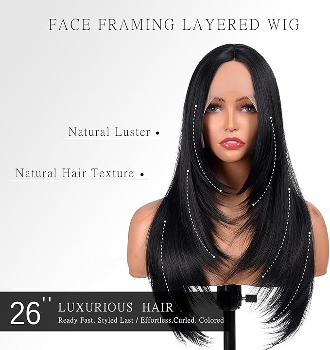 BrittyHair Black Long Straight Wig for Women 26 Inches Synthetic Layered Wig Black Lace Front Synthetic Wig Middle Part Black Straight Wig for Daily Cosplay Party Use(#1B Natural Black, 26 Inch)