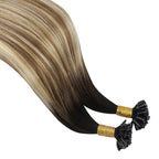 YoungSee U Tip Hair Extensions Human Hair Balayage U Tip Hair Extensions Ombre Dark Brown to Brown with Blonde K Tips Hair Extension Real Human Hair Silky 18In Balayage Utip Remy Hair 1g/s 50g