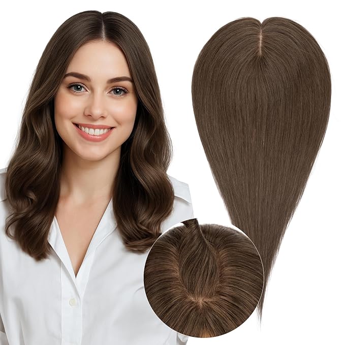 Real Human Hair Toppers for Women 3.54"*4.72" Silky Base 150% Density No Bangs Adjustable Parting Clip-In Topper Hairpieces for Women with Thinning Hair 12 Inches Natural Brown