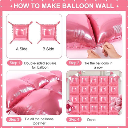 Pink Square Foil Balloons 25 Pcs Metallic Pink Balloons Wall Backdrop - Image 3