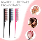 Leinuosen 3 Pcs Triple Teasing Comb for Women Plastic Rat Tail Comb Heat Resistant Pintail Tease Layer Tool for Thick Fine Hair Styling Backcombing Volume Structure(Black and Red Blue Pink)