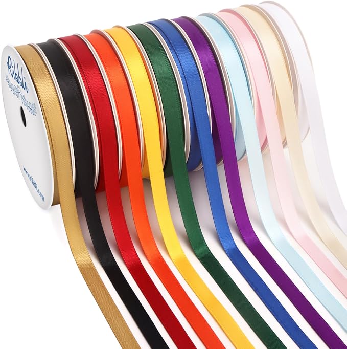 Ribbli Rainbow Satin Ribbon 1/4 Inch x 12 Rolls Total 60 Yards- Colorful Ribbon by Ribbli