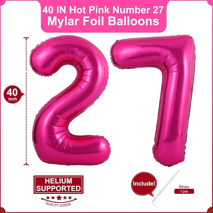 40 Inch Hot Pink 27 Balloons Giant Number 27 Balloons Hot Pink 27 Birthday - Image 2