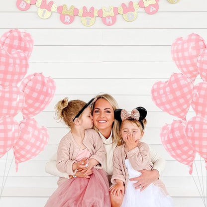 TONIFUL 30 Pcs Pink Gingham Heart Balloons 18 Inch Heart Shape Foil Balloon | - Image 4