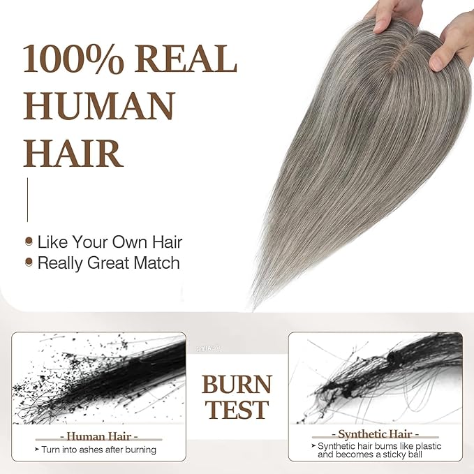Rich Choices Hair Toppers for Women Real Human Hair 100% Human Remy Toppers NO Bangs for Women with Thinning on Top Clip in Hairpiece 4"x4.7"Lace Base 16 Inch Salt and Pepper G2 Sliver