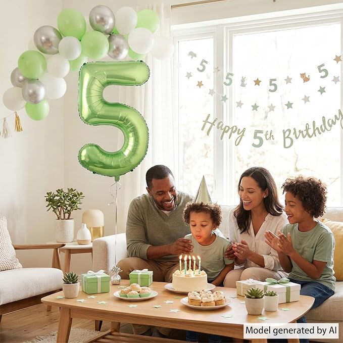 Light Green Number 5 Balloon 40 Inch, Glossy Metallic Digit Party Supplies | - Image 7